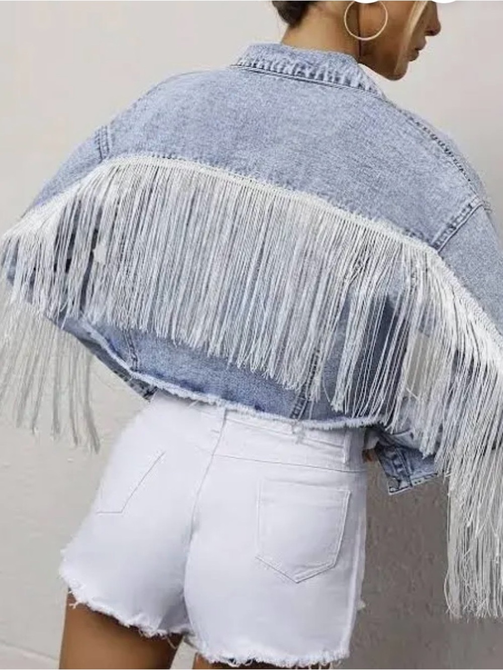 SHEIN Light Blue Denim Fringe Cropped Jacket with White Fringe
